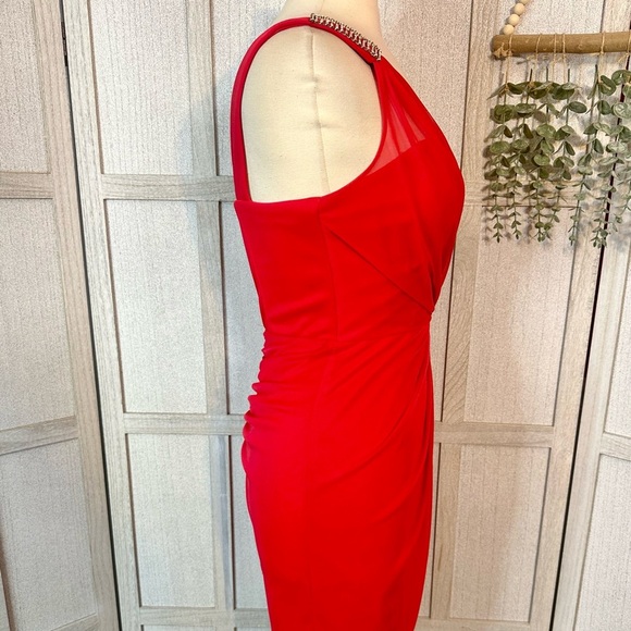 Vintage Cache Mini Cocktail Dress 90s Short Red Rhinestone One Shoulder Size 6 - Picture 6 of 10